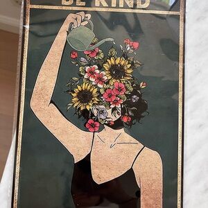 Floral Art Print with 'Be Kind' Message Metal Sign